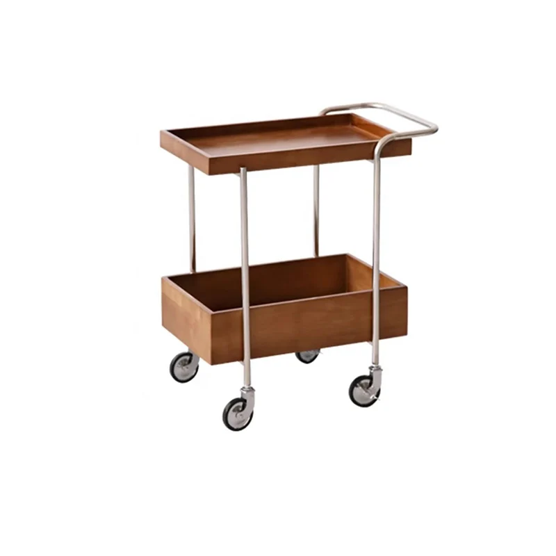 Traditional Vintage Movable Rectangular Rubberwood Stainless Steel Side Table 2-Tier For Living Room & Bedroom