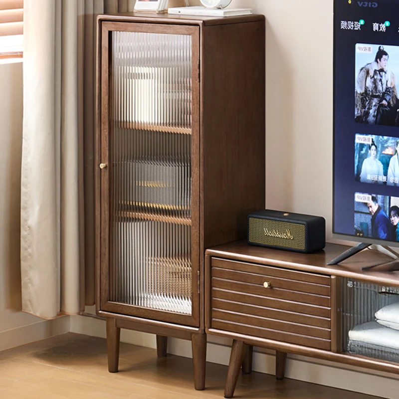 Traditional Rustic Rubberwood Paulownia Fluted Glass Rectangular Bedside Cabinet 3-Compartment Storage For Living Room