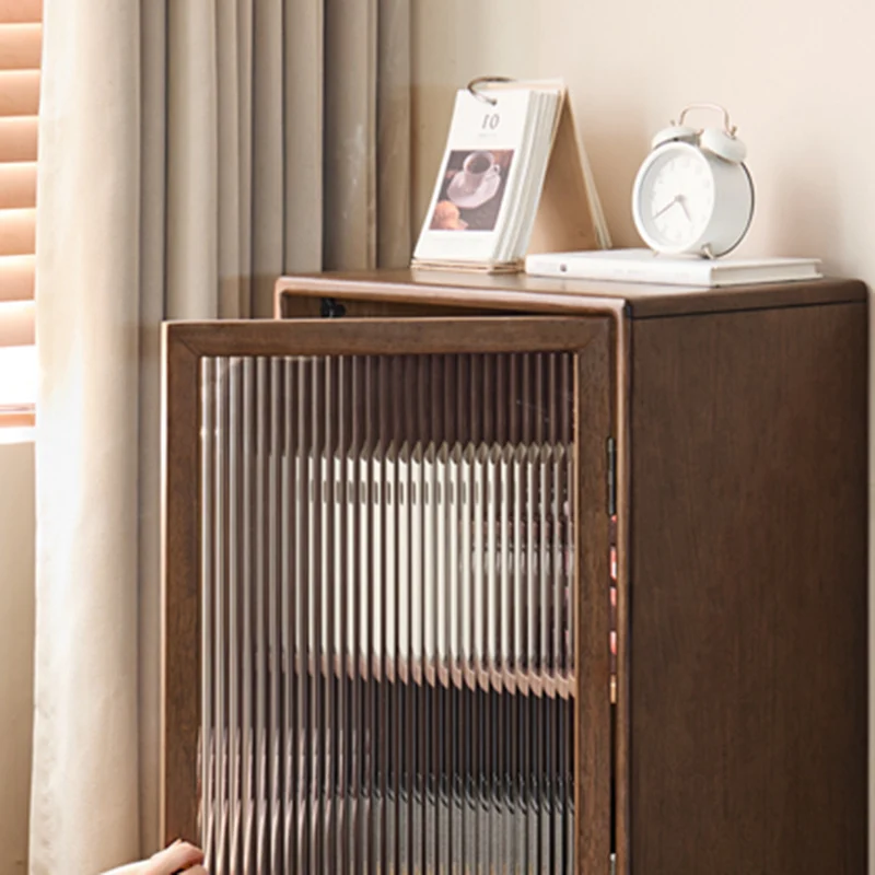 Traditional Rustic Rubberwood Paulownia Fluted Glass Rectangular Bedside Cabinet 3-Compartment Storage For Living Room