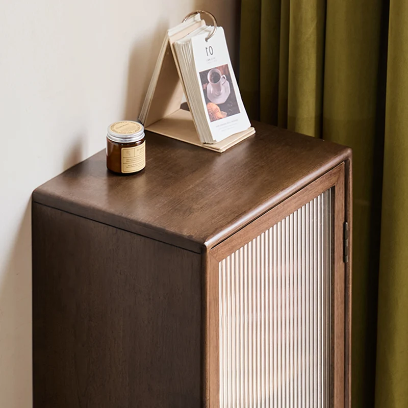 Traditional Rustic Rubberwood Paulownia Fluted Glass Rectangular Bedside Cabinet 3-Compartment Storage For Living Room