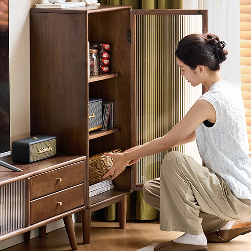 Traditional Rustic Rubberwood Paulownia Fluted Glass Rectangular Bedside Cabinet 3-Compartment Storage For Living Room