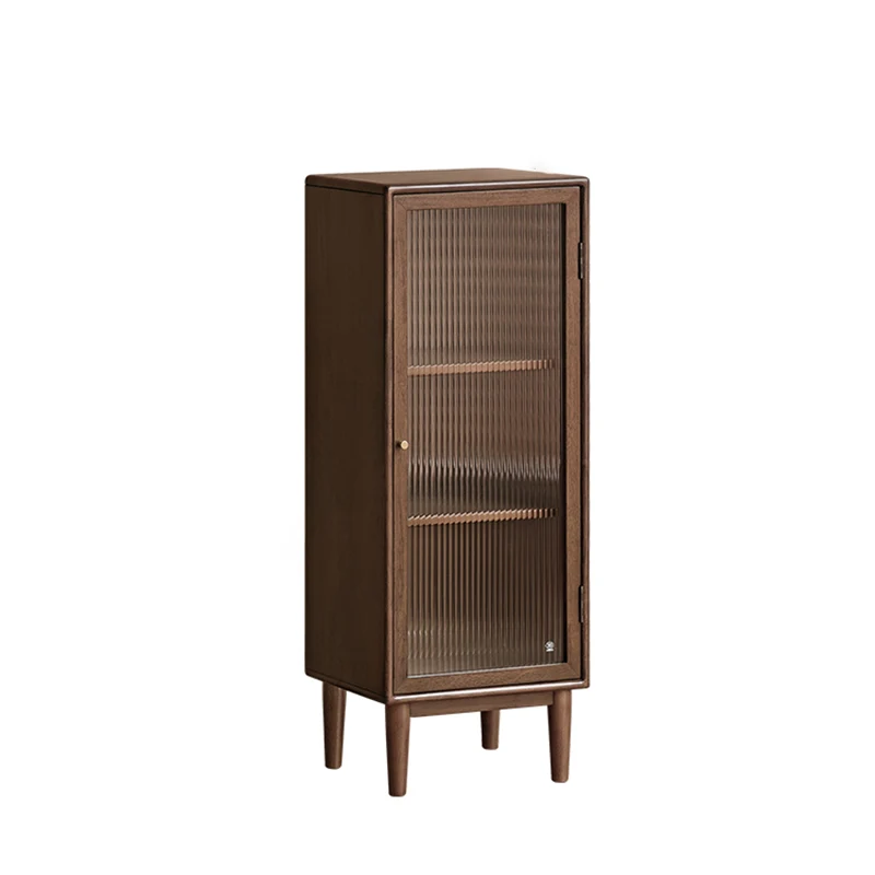Traditional Rustic Rubberwood Paulownia Fluted Glass Rectangular Bedside Cabinet 3-Compartment Storage For Living Room