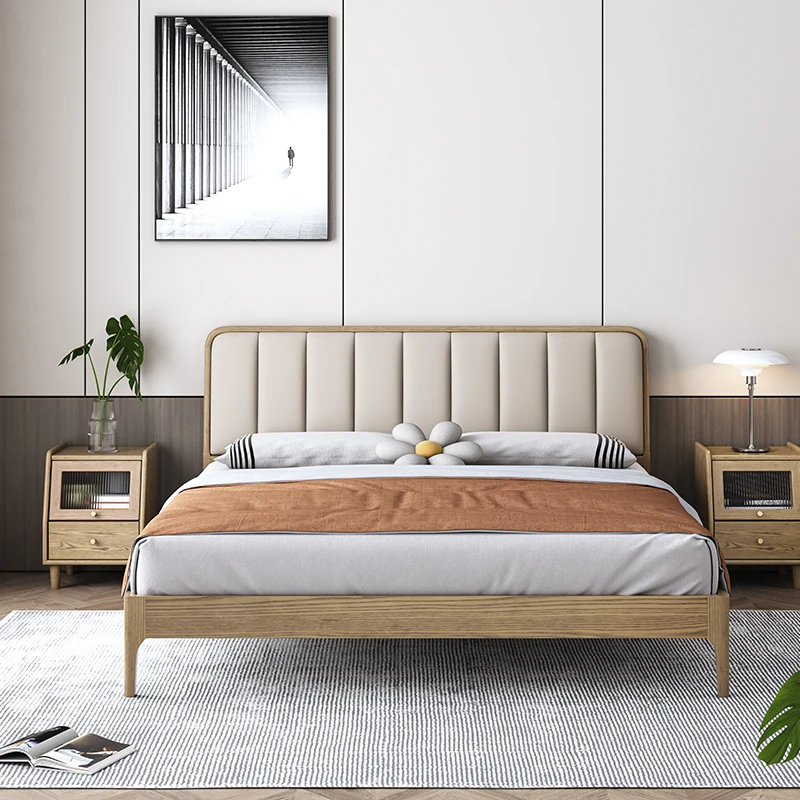 French Romantic Aesthetic Recessed Bed Frame - Genuine Leather Upholstered & Ash Wood Bed For Bedroom