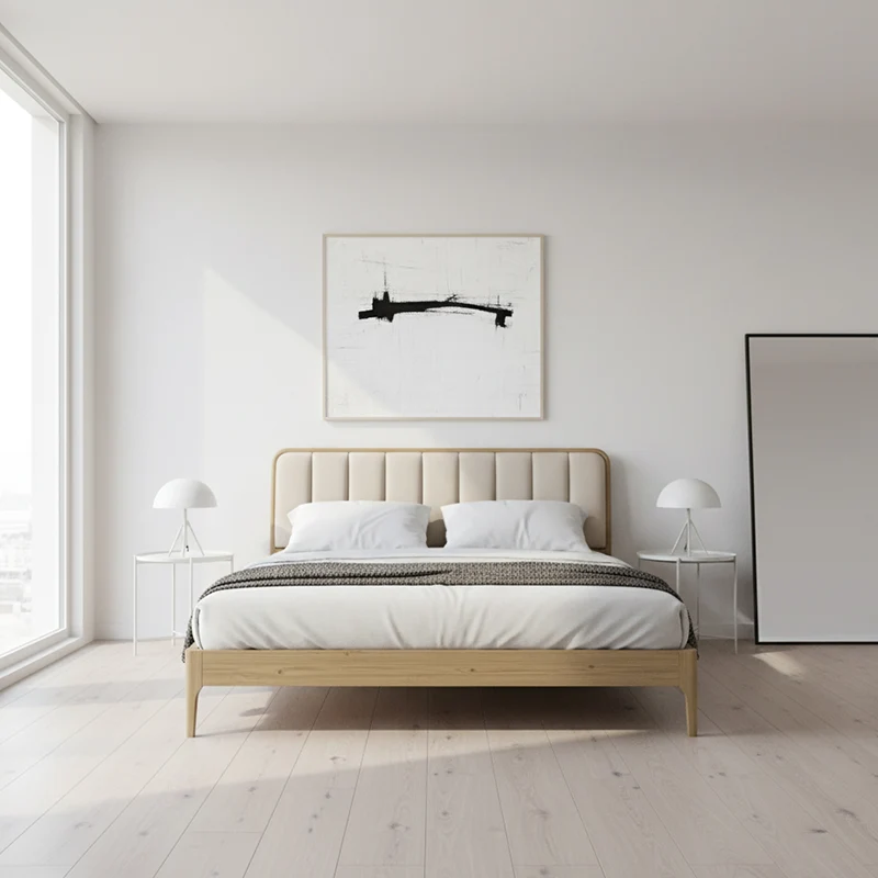 French Romantic Aesthetic Recessed Bed Frame - Genuine Leather Upholstered & Ash Wood Bed For Bedroom