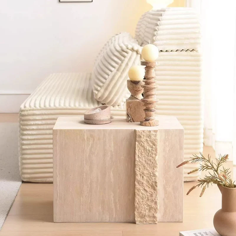 Modern Luxury Rectangular Natural Travertine Side Table For Living Room