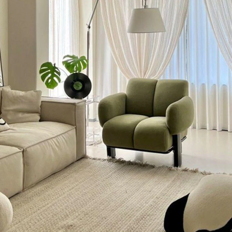 Traditional Vintage Curved Cotton-Linen Sponge Velvet Fabric Metal Accent Chair Backrest Armrest For Living Room