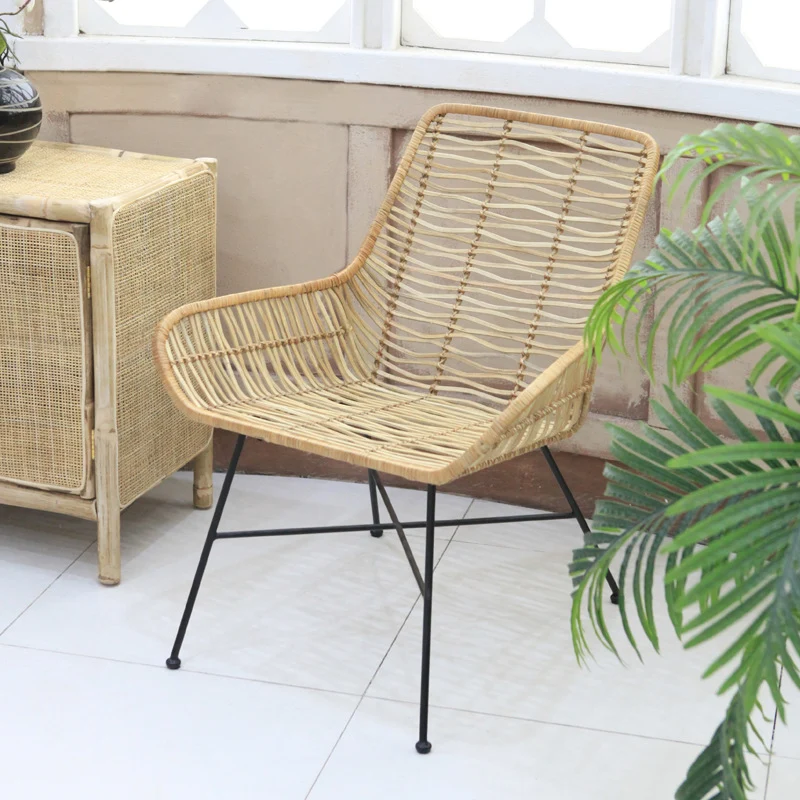 Ergonomic Natural Rattan Armchair - Rust-Proof Iron Frame Cool Seating Chair For Living Room