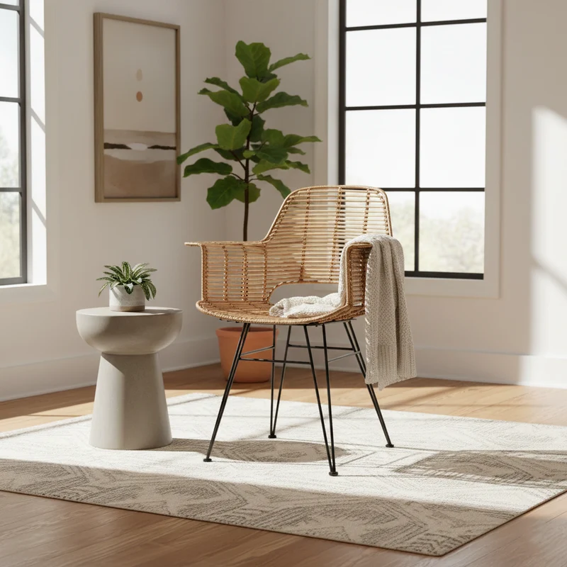 Lightweight Rattan Armchair - Breathable Hand-Woven Chair Backrest Armrest For Living Room