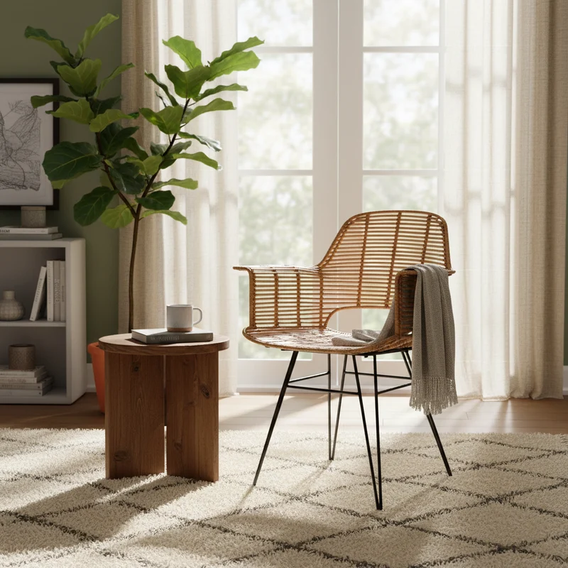Lightweight Rattan Armchair - Breathable Hand-Woven Chair Backrest Armrest For Living Room