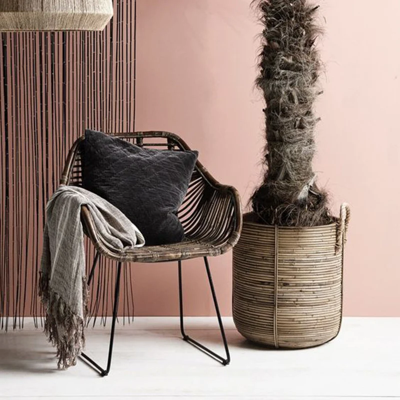Contemporary Nordic Handwoven Natural Rattan Lounge Chair - Accent Chair With Ergonomic Backrest & Iron Base For Indoor & Outdoor Living