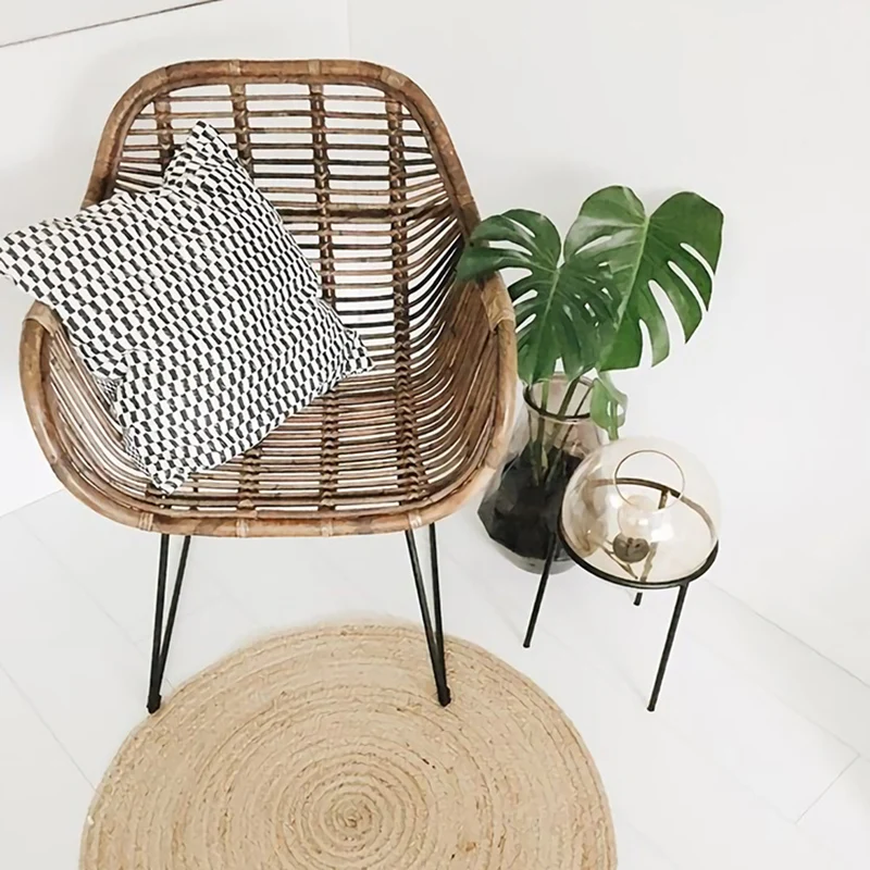 Contemporary Nordic Handwoven Natural Rattan Lounge Chair - Accent Chair With Ergonomic Backrest & Iron Base For Indoor & Outdoor Living