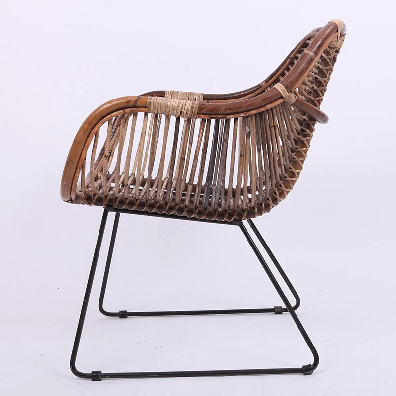 Contemporary Nordic Handwoven Natural Rattan Lounge Chair - Accent Chair With Ergonomic Backrest & Iron Base For Indoor & Outdoor Living