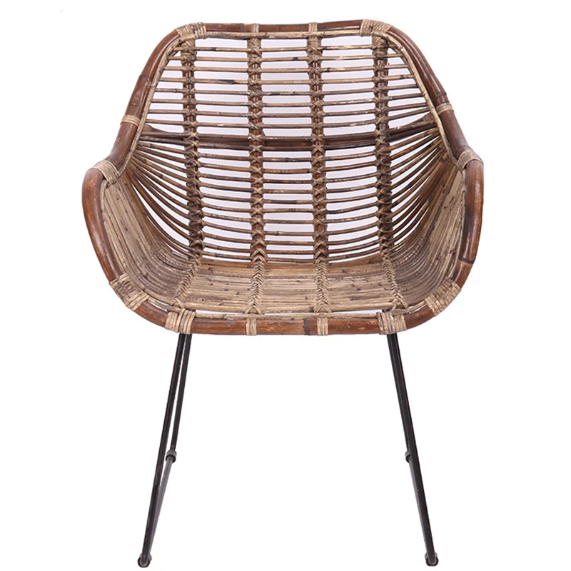 Contemporary Nordic Handwoven Natural Rattan Lounge Chair - Accent Chair With Ergonomic Backrest & Iron Base For Indoor & Outdoor Living