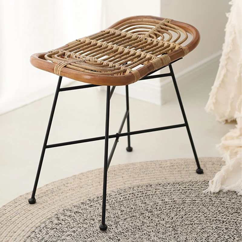 Contemporary Scandinavian Handwoven Rattan Low Stool With Iron Frame For Entryway & Living Spaces