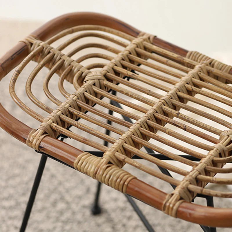 Contemporary Scandinavian Handwoven Rattan Low Stool With Iron Frame For Entryway & Living Spaces