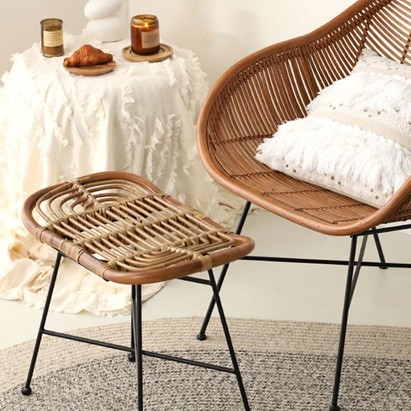 Contemporary Scandinavian Handwoven Rattan Low Stool With Iron Frame For Entryway & Living Spaces