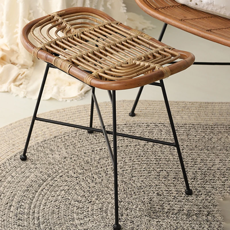 Contemporary Scandinavian Handwoven Rattan Low Stool With Iron Frame For Entryway & Living Spaces