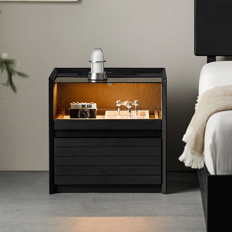 Modern Luxury Solid Plywood Nightstand With Glass Top - End Table With Wireless Charging & LED Sensor Light For Bedroom Storage