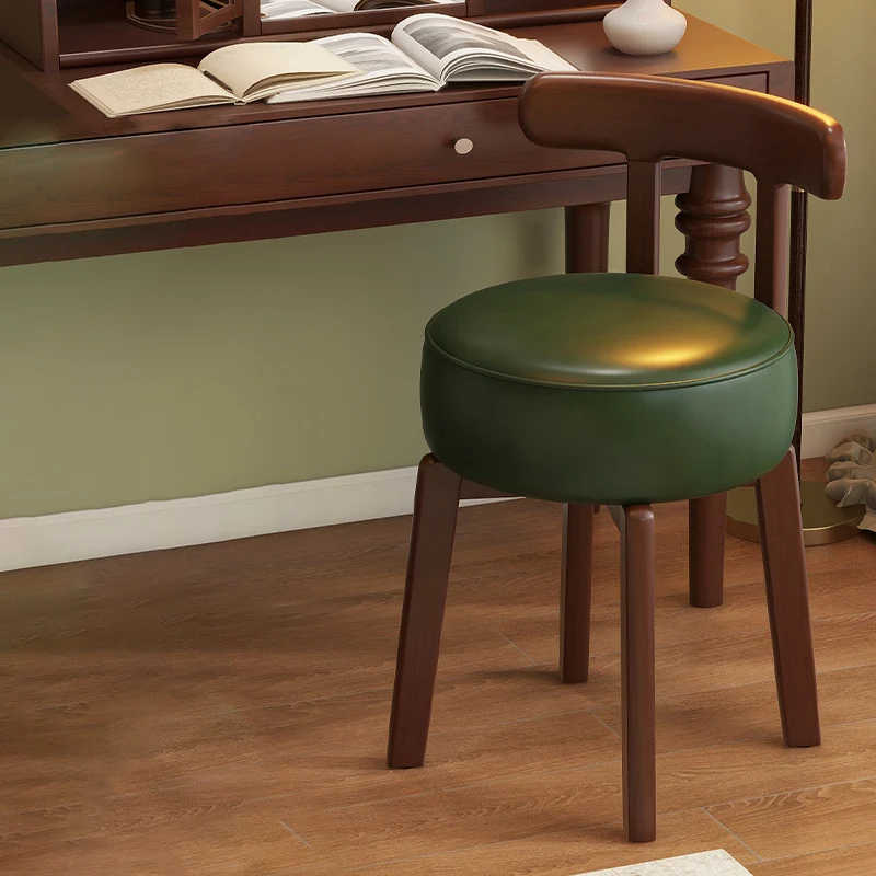 Contemporary Retro Round Oil Wax Leather Rubberwood 360°Swivel Vanity Stool Backrest Armless For Bedroom