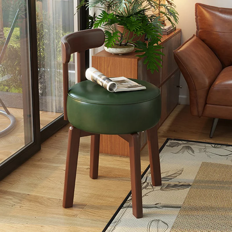 Contemporary Retro Round Oil Wax Leather Rubberwood 360°Swivel Vanity Stool Backrest Armless For Bedroom