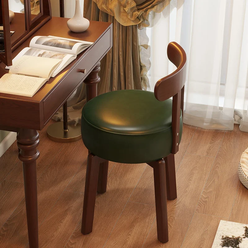 Contemporary Retro Round Oil Wax Leather Rubberwood 360°Swivel Vanity Stool Backrest Armless For Bedroom