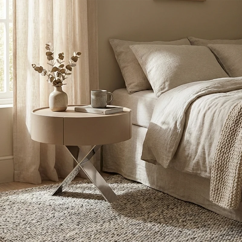 Traditional French Nightstand - Saddle-Style Faux Leather & Corrosion-Resistant Base Bedside Table 1-Drawer For Bedroom