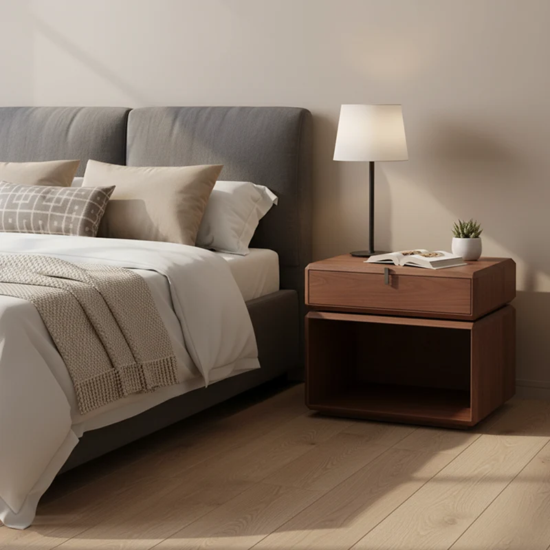 Retro Rotatable Wood Nightstand - Rotatable Top & Classified Storage Layout Bedside Table 1-Drawer For Bedroom