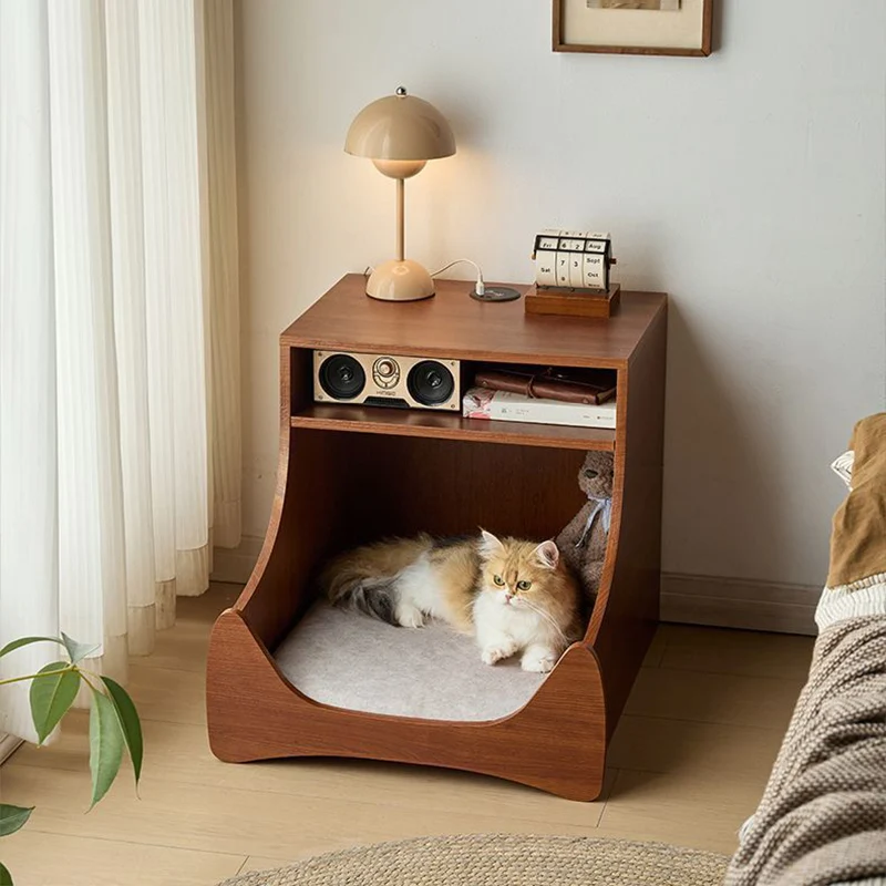 Modern Minimalist Curved Velvet Multi-Layer Plywood Pet House Nightstand 2-Tier For Bedroom
