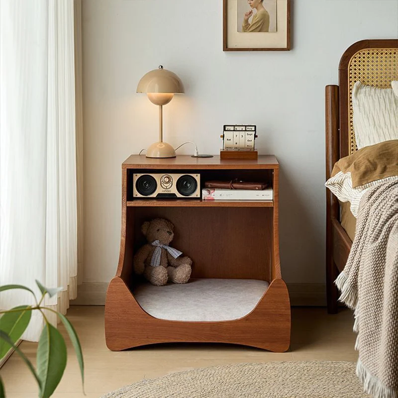 Modern Minimalist Curved Velvet Multi-Layer Plywood Pet House Nightstand 2-Tier For Bedroom