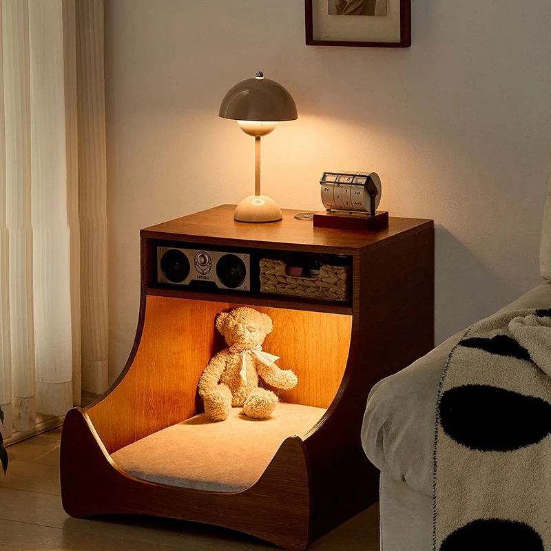 Modern Minimalist Curved Velvet Multi-Layer Plywood Pet House Nightstand 2-Tier For Bedroom