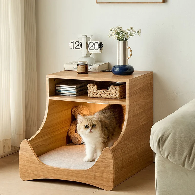 Modern Minimalist Curved Velvet Multi-Layer Plywood Pet House Nightstand 2-Tier For Bedroom