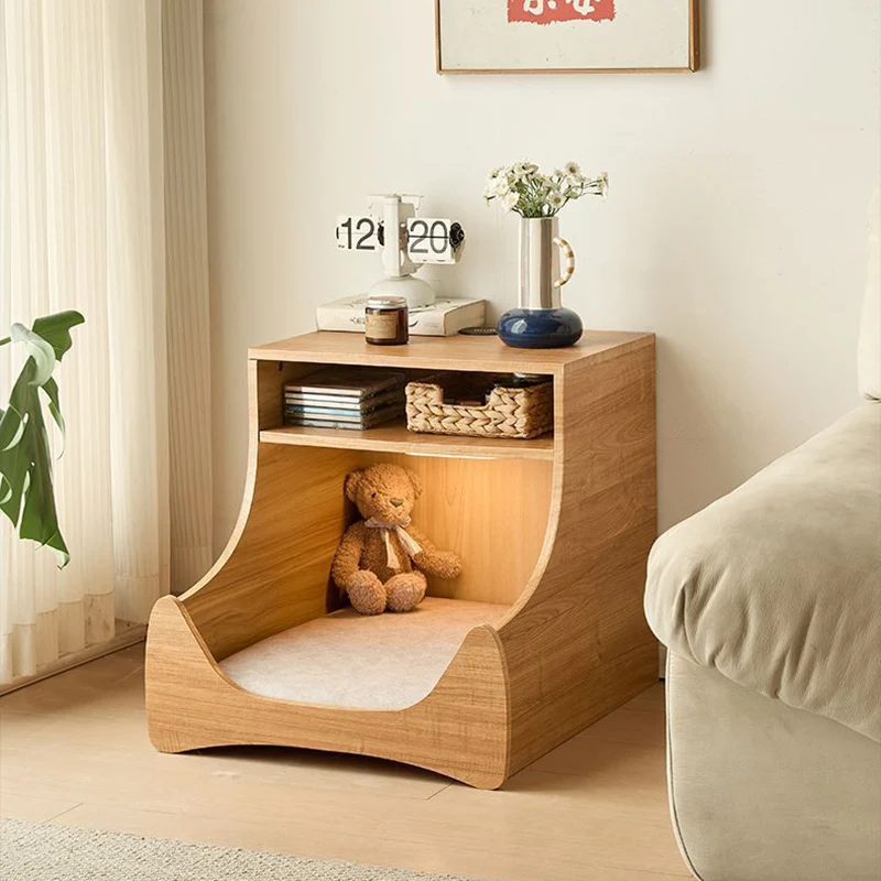 Modern Minimalist Curved Velvet Multi-Layer Plywood Pet House Nightstand 2-Tier For Bedroom
