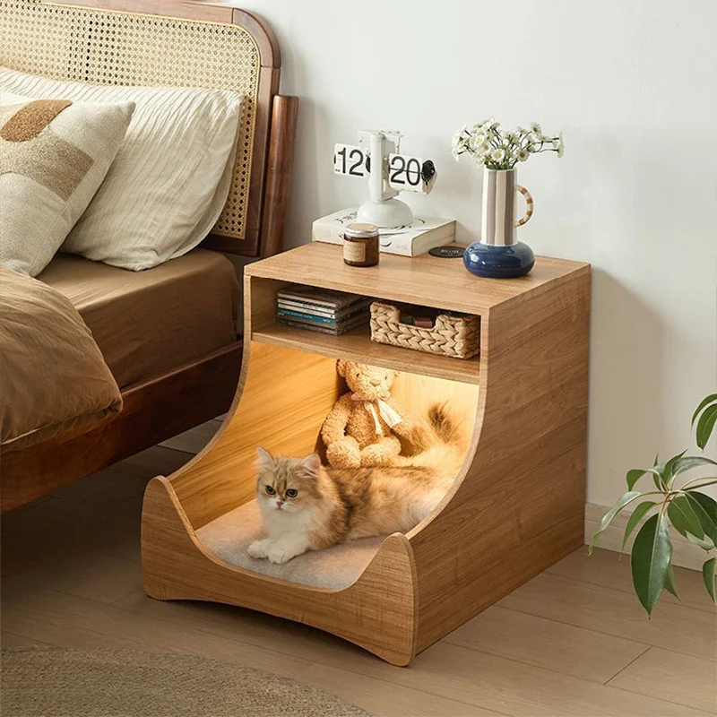Modern Minimalist Curved Velvet Multi-Layer Plywood Pet House Nightstand 2-Tier For Bedroom
