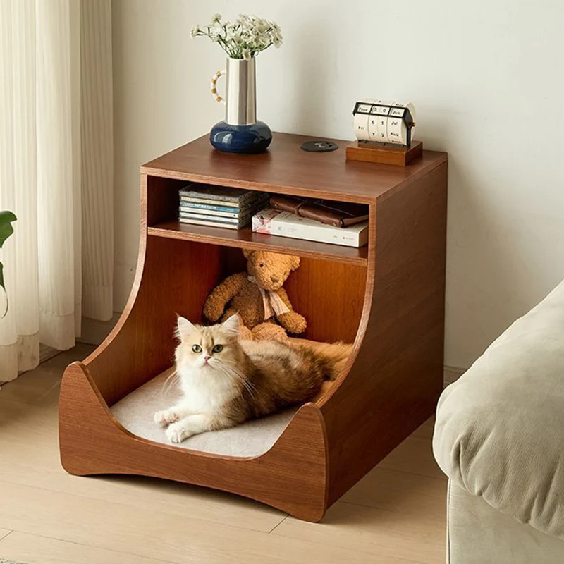 Modern Minimalist Curved Velvet Multi-Layer Plywood Pet House Nightstand 2-Tier For Bedroom