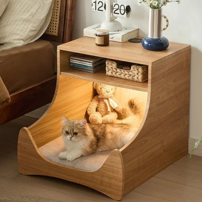 Modern Minimalist Curved Velvet Multi-Layer Plywood Pet House Nightstand 2-Tier For Bedroom