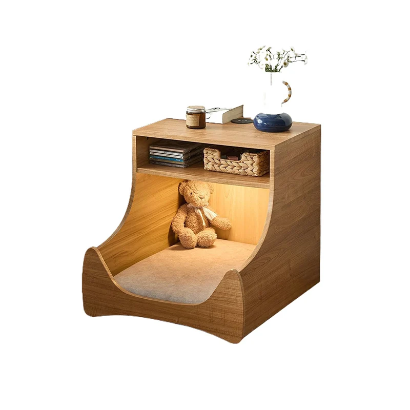 Modern Minimalist Curved Velvet Multi-Layer Plywood Pet House Nightstand 2-Tier For Bedroom