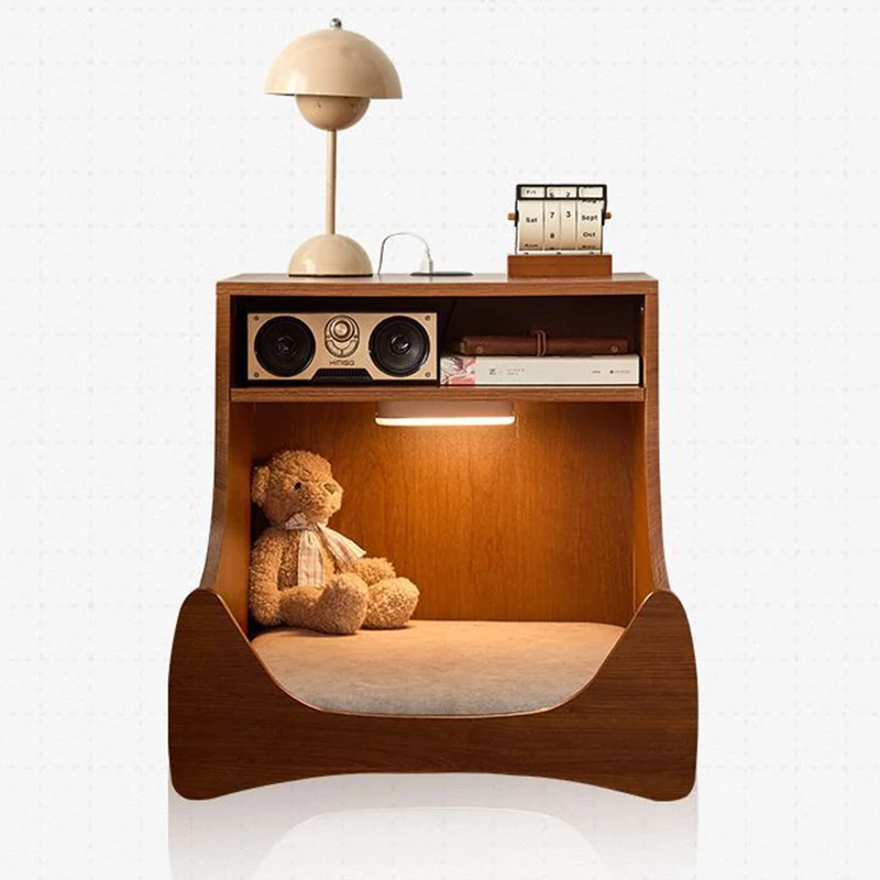Modern Minimalist Curved Velvet Multi-Layer Plywood Pet House Nightstand 2-Tier For Bedroom