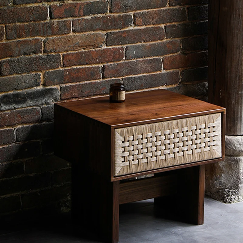 Traditional Vintage Ash Wood Kraft Leather Paper Rope Rectangular Nightstand With 1 Drawer For Bedroom