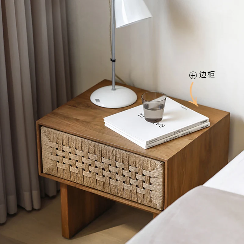 Traditional Vintage Ash Wood Kraft Leather Paper Rope Rectangular Nightstand With 1 Drawer For Bedroom