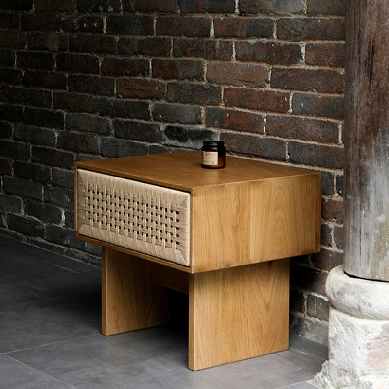 Traditional Vintage Ash Wood Kraft Leather Paper Rope Rectangular Nightstand With 1 Drawer For Bedroom