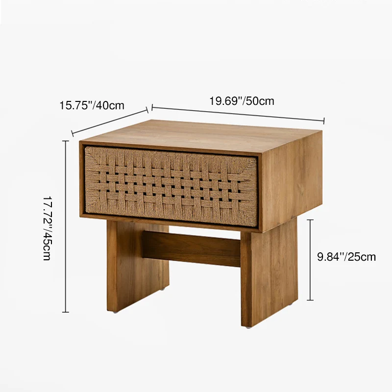 Traditional Vintage Ash Wood Kraft Leather Paper Rope Rectangular Nightstand With 1 Drawer For Bedroom