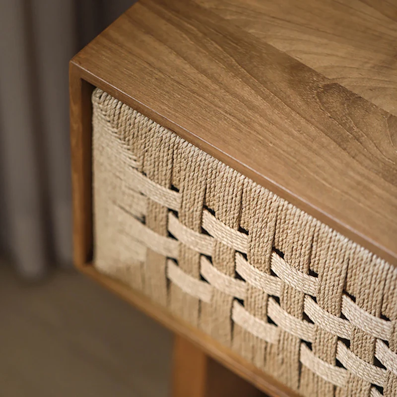 Traditional Vintage Ash Wood Kraft Leather Paper Rope Rectangular Nightstand With 1 Drawer For Bedroom