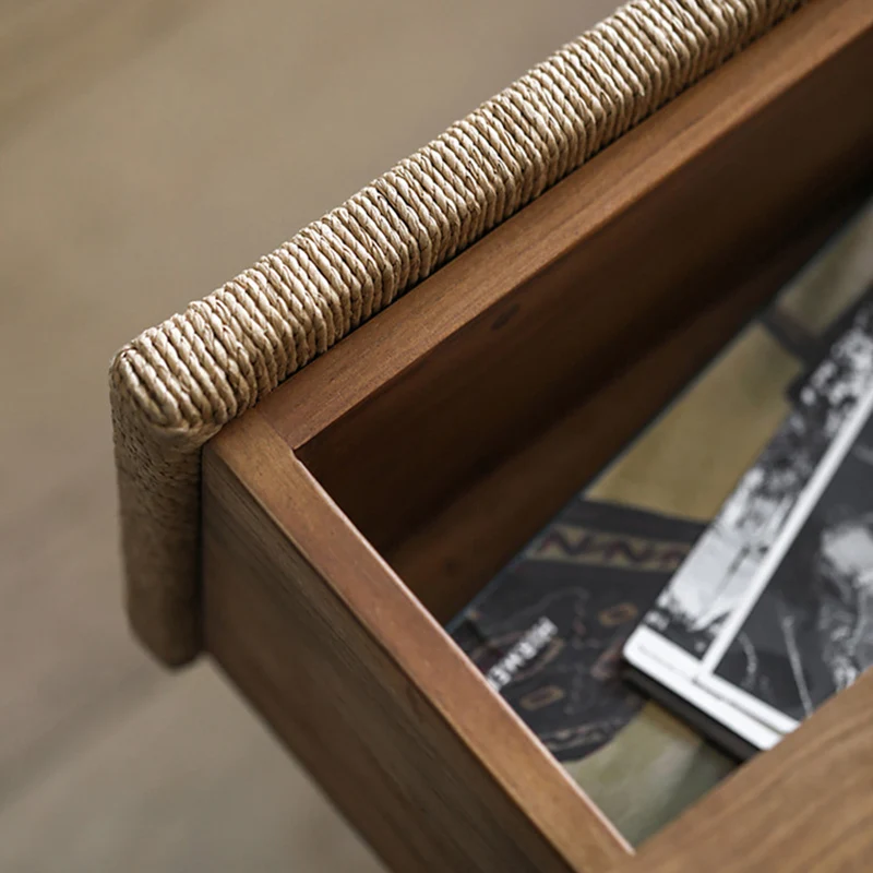 Traditional Vintage Ash Wood Kraft Leather Paper Rope Rectangular Nightstand With 1 Drawer For Bedroom