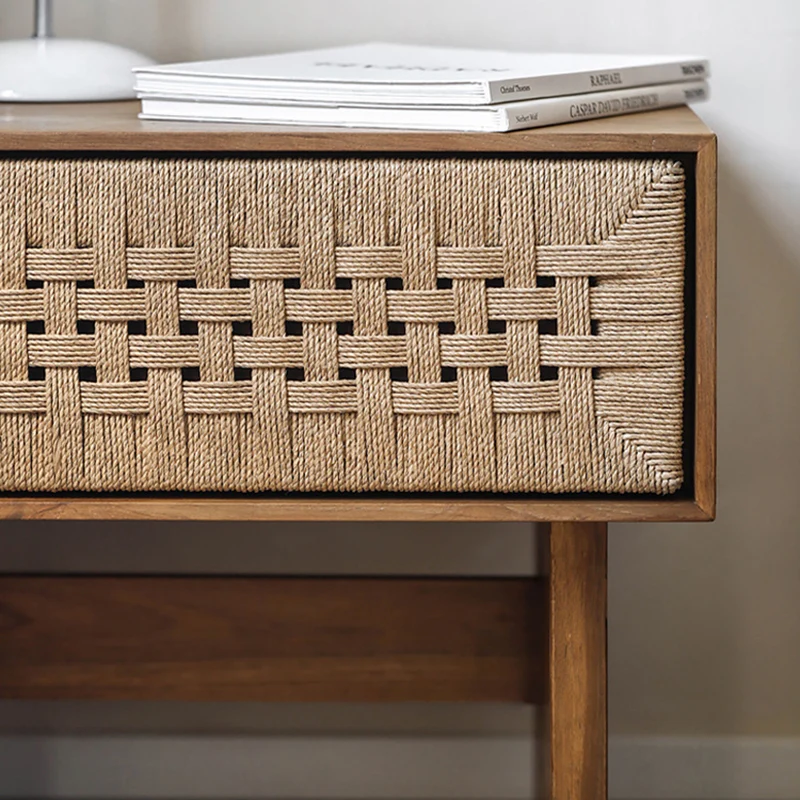 Traditional Vintage Ash Wood Kraft Leather Paper Rope Rectangular Nightstand With 1 Drawer For Bedroom