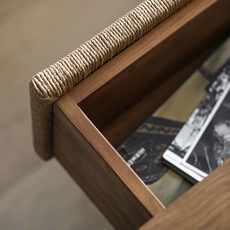 Traditional Vintage Ash Wood Kraft Leather Paper Rope Rectangular Nightstand With 1 Drawer For Bedroom