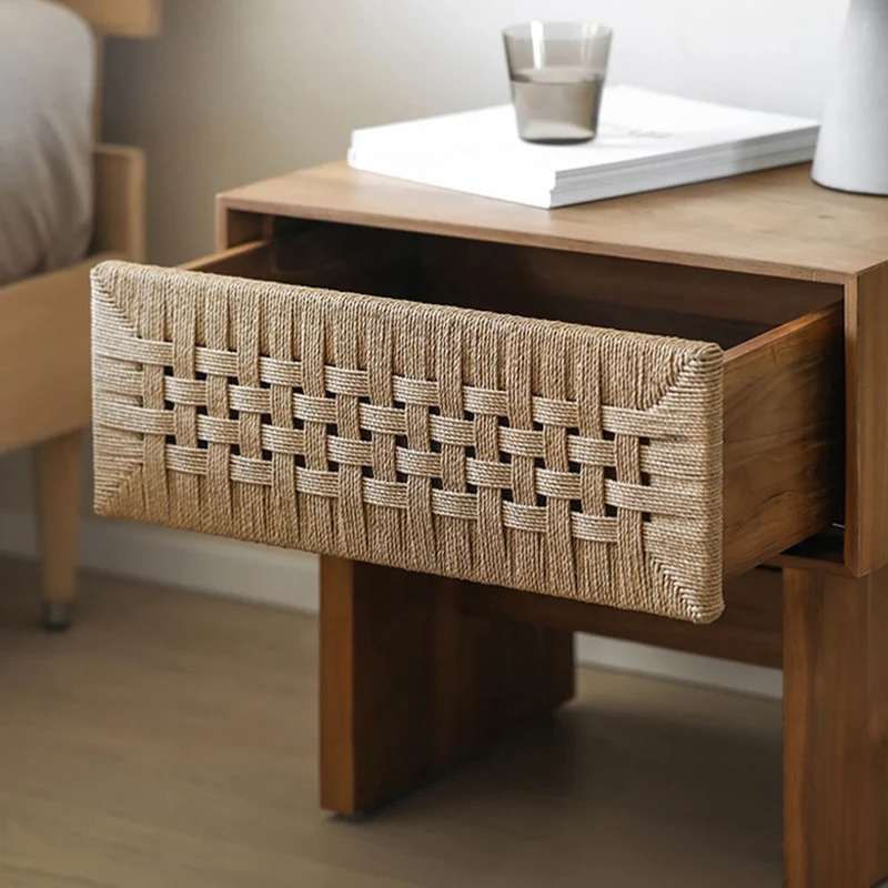 Traditional Vintage Ash Wood Kraft Leather Paper Rope Rectangular Nightstand With 1 Drawer For Bedroom