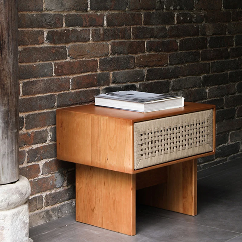 Traditional Vintage Ash Wood Kraft Leather Paper Rope Rectangular Nightstand With 1 Drawer For Bedroom