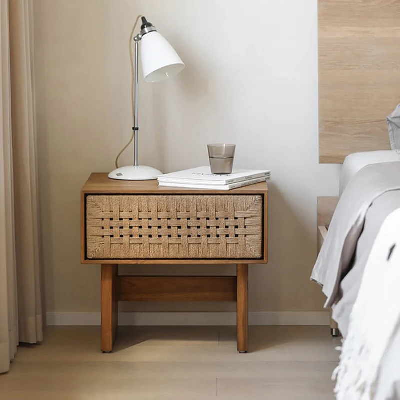 Traditional Vintage Ash Wood Kraft Leather Paper Rope Rectangular Nightstand With 1 Drawer For Bedroom
