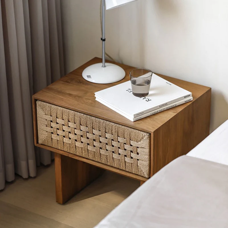 Traditional Vintage Ash Wood Kraft Leather Paper Rope Rectangular Nightstand With 1 Drawer For Bedroom