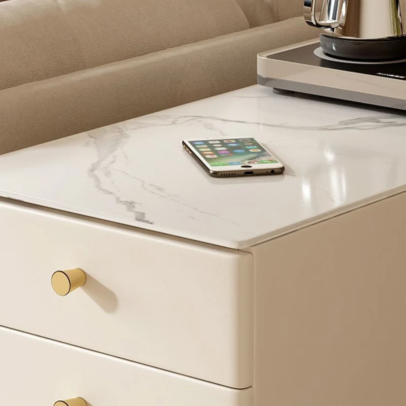 Modern Minimalist Rectangular Multi-Layer Plywood Stone Slab Pine Wood Cat's Paw Leather Side Table 2-Drawer For Living Room
